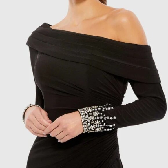 Ieena for Mac Duggal  Black Foldover Long Sleeve Jeweled Midi Dress - Picture 3 of 12